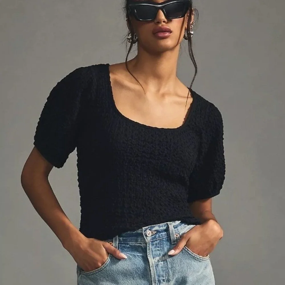 Anthropologie Lea & Viola Top Large Black Puff Sleeve Textured Short Sleeve